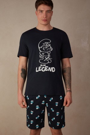 Blue Men's Intimissimi Smurfs Short Cotton Pajamas | AU1159KIR