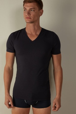 Blue Men's Intimissimi V-neck in Stretch Supima® Cotton T Shirts | AU1019ISZ