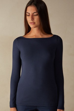 Blue Women's Intimissimi Bateau Neck Top in Micromodal Long Sleeve | AU2219SOB