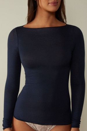 Blue Women's Intimissimi Boat Neck Modal Cashmere Ultralight Top Long Sleeve | AU2236EXG