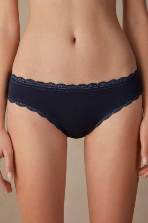 Blue Women's Intimissimi Cotton and Lace Panties | AU1652JJE