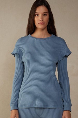 Blue Women's Intimissimi Cozy Mountains Long Sleeve Ribbed Top Pajamas | AU1882DNN