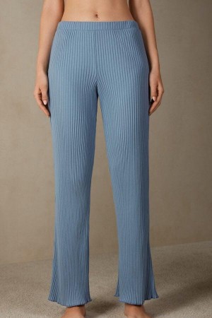 Blue Women's Intimissimi Cozy Mountains Ribbed Pants Pajamas | AU1982ORX