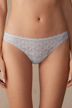 Blue Women's Intimissimi Lace and Microfiber Brazilian Panties | AU1555BCP
