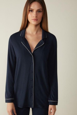 Blue Women's Intimissimi Long-Sleeve Micromodal Top Pajamas | AU1856DNN