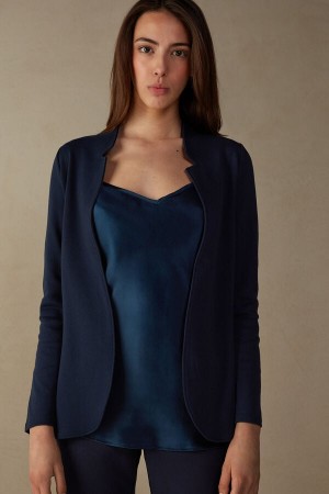 Blue Women's Intimissimi Long-Sleeved Cotton Interlock Cardigan Jacket | AU2261WYF
