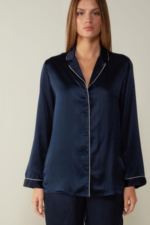 Blue Women's Intimissimi Mannish-Cut Jacket in Silk Satin Pajamas | AU2016JJE
