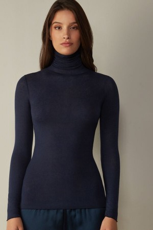 Blue Women's Intimissimi Modal Cashmere Ultralight High-Neck Top Long Sleeve | AU2201ZGY