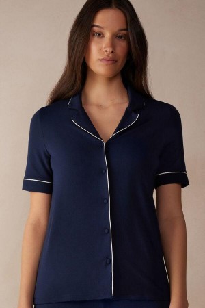 Blue Women's Intimissimi Short Sleeve Button Up Shirt in Modal Pajamas | AU1946NBA