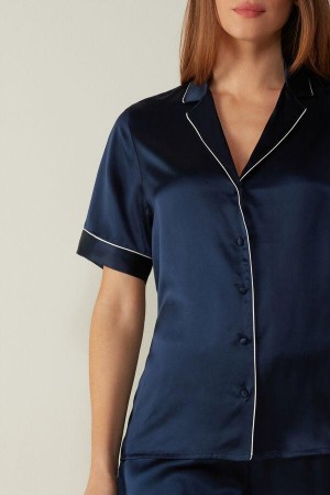Blue Women's Intimissimi Short Sleeve Silk Shirt with Contrast Trim Pajamas | AU1914LHT