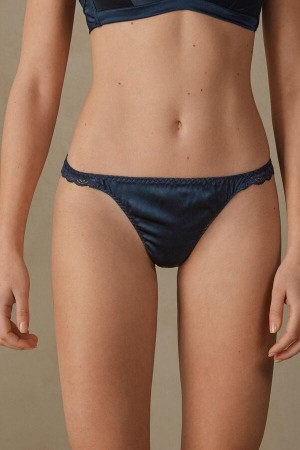 Blue Women's Intimissimi Silk and Lace G-String Panties | AU1754GLQ
