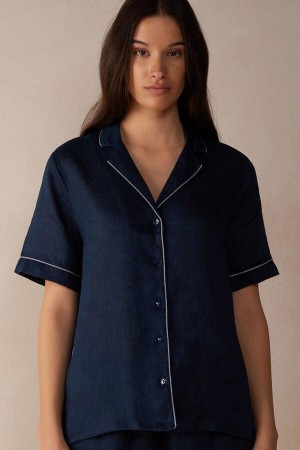 Blue Women's Intimissimi Yacht Night Linen Short Sleeve Shirt Pajamas | AU1948QZD