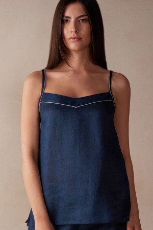 Blue Women's Intimissimi Yacht Night Linen Tank Top | AU2274GLQ