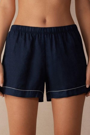 Blue Women's Intimissimi Yacht Night Linen Shorts Pajamas | AU2077MAS