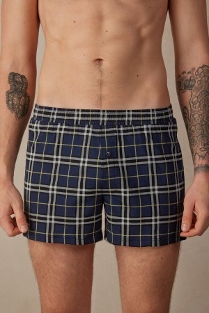 Blue / Yellow Men's Intimissimi Tartan Patterned Cotton Jersey Relaxed Fit Boxer | AU1413SOB