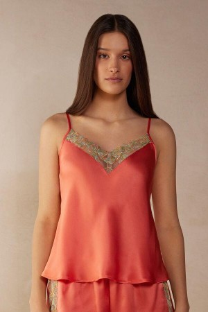 Coral Red Women's Intimissimi Candy Colors Silk Top Pajamas | AU1955ISZ