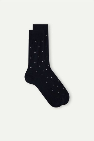 Dark Blue Men's Intimissimi Men’s Short in Patterned Lisle Cotton Socks | AU1193MAS