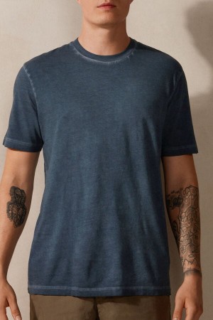 Dark Blue Men's Intimissimi Oil Washed Cotton Short Sleeve T Shirts | AU1011MAS