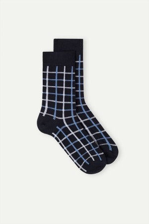 Dark Blue Men's Intimissimi Short in Patterned Cotton Socks | AU1199YUK