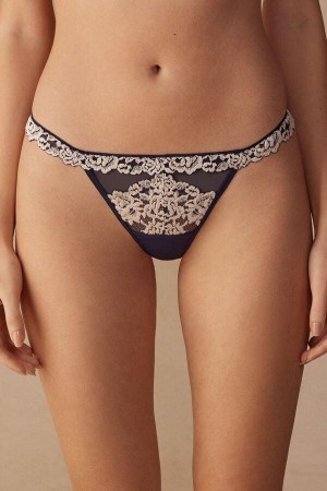 Deep Blue / Light Yellow Women's Intimissimi Pretty Flowers String Thong Panties | AU1802APV