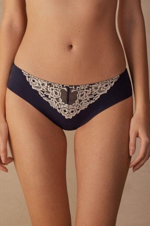 Deep Blue / Light Yellow Women's Intimissimi Pretty Flowers Seamless Cotton Panties | AU1624GLQ