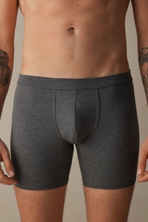 Deep Grey Men's Intimissimi Long in Stretch Supima® Cotton Boxer | AU1411PQC