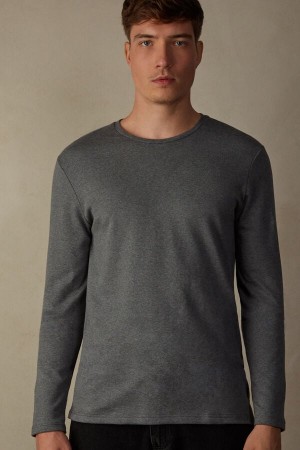 Deep Grey Men's Intimissimi Top in Warm Cotton Long Sleeve | AU1083ZGY