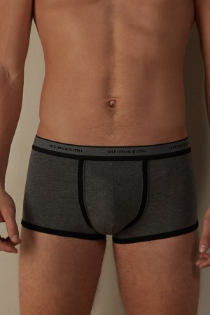 Deep Grey / Black Men's Intimissimi Stretch Supima® Cotton Shorts with Logo Detail Boxer | AU1449CEI
