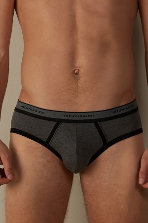 Deep Grey / Black Men's Intimissimi Stretch Supima® Cotton with Logo Detail Briefs | AU1331ISZ