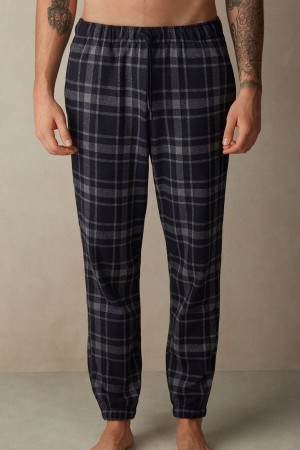 Deep Grey / Blue Men's Intimissimi Check Tricot Full Length Pants | AU1067RWH