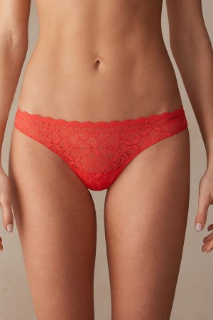 Deep Red Women's Intimissimi Lace and Microfiber Brazilian Panties | AU1553CEI