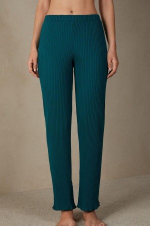 Green Women's Intimissimi Cozy Mountains Ribbed Pants Pajamas | AU1981ISZ