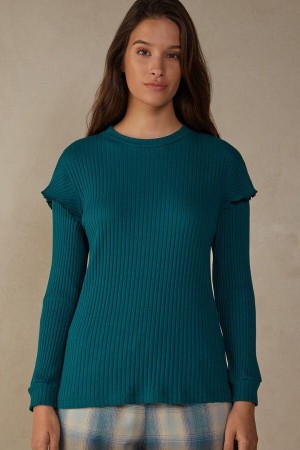 Green Women's Intimissimi Cozy Mountains Long Sleeve Ribbed Top Pajamas | AU1881SOB
