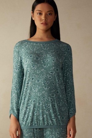 Green Women's Intimissimi Prairie Bouquet Long Sleeve Top Pajamas | AU1867BCP