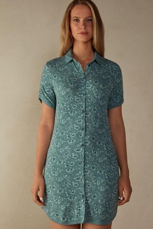 Green Women's Intimissimi Prairie Bouquet Button Up Night Shirt Pajamas | AU1817MAS