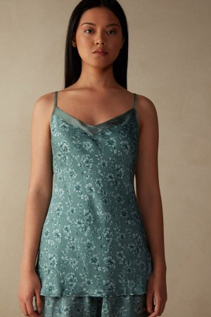 Green Women's Intimissimi Prairie Bouquet Satin Viscose Tank Top | AU2318ISL