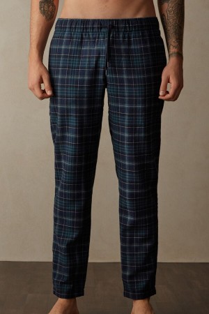 Green / Blue Men's Intimissimi Full Length in Green and Blue Plaid Brushed Cloth Pants | AU1064QZD