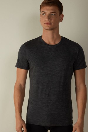 Grey Men's Intimissimi Stretch Merino Wool Short-Sleeve T Shirts | AU1041RWH