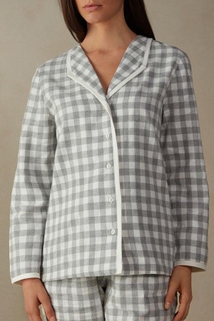 Grey Women's Intimissimi Gingham Lover Shirt in Brushed Cloth Pajamas | AU1865CEI