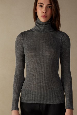 Grey Women's Intimissimi High-Neck Tubular Top in Wool and Silk Long Sleeve | AU2238TVJ