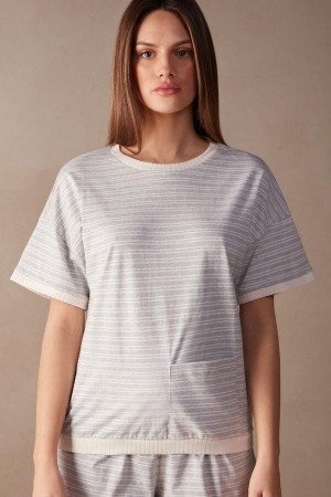 Grey / Light Yellow Beige Stripes Women's Intimissimi Casual Sunday Short Sleeve Top Pajamas | AU1901YUK