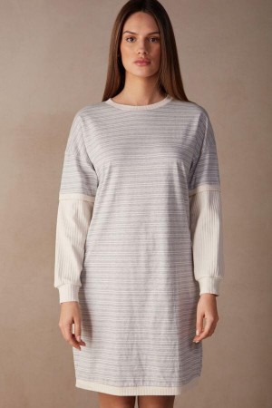 Grey / Light Yellow Beige Stripes Women's Intimissimi Casual Sunday Long Sleeve Nightshirt Pajamas | AU1823YUK