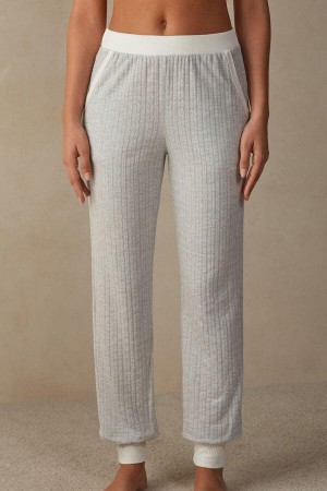 Grey / White Women's Intimissimi Timeless Heritage Full Length Cuffed Pants Pajamas | AU1987FMM