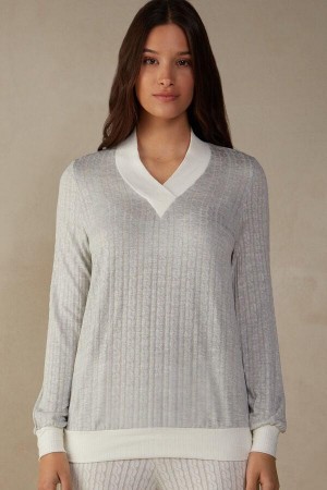 Grey / White Women's Intimissimi Timeless Heritage V-Neck Top Pajamas | AU1886JJE