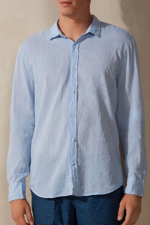 Light Blue Men's Intimissimi Linen and Cotton Shirt Long Sleeve | AU1085CEI
