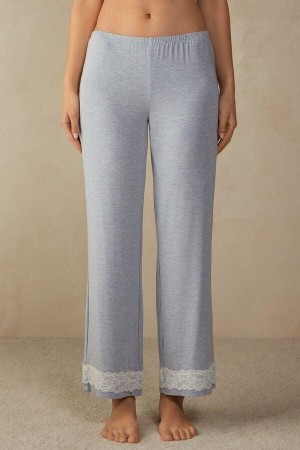Light Blue Women's Intimissimi Lace Trim Full Length Pants in Modal Pajamas | AU1980UTL