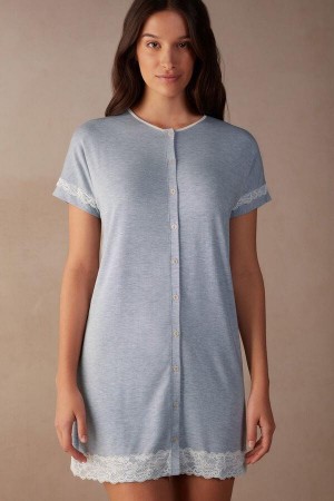 Light Blue Women's Intimissimi Lace Trim Button Up Nightgown Pajamas | AU1827PQC