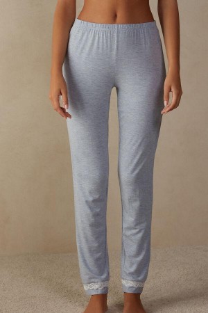 Light Blue Women's Intimissimi Long Modal Lace Detail Trousers Pajamas | AU2031YUK