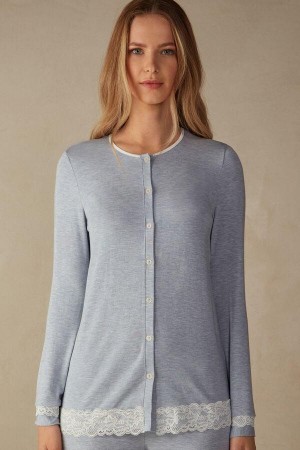 Light Blue Women's Intimissimi Modal and Lace Cardigan Pajamas | AU1880APV