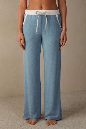 Light Blue Women's Intimissimi Romantic Bedroom Contrast Trim Full Length Pants in Modal with Wool Pajamas | AU1992LHT